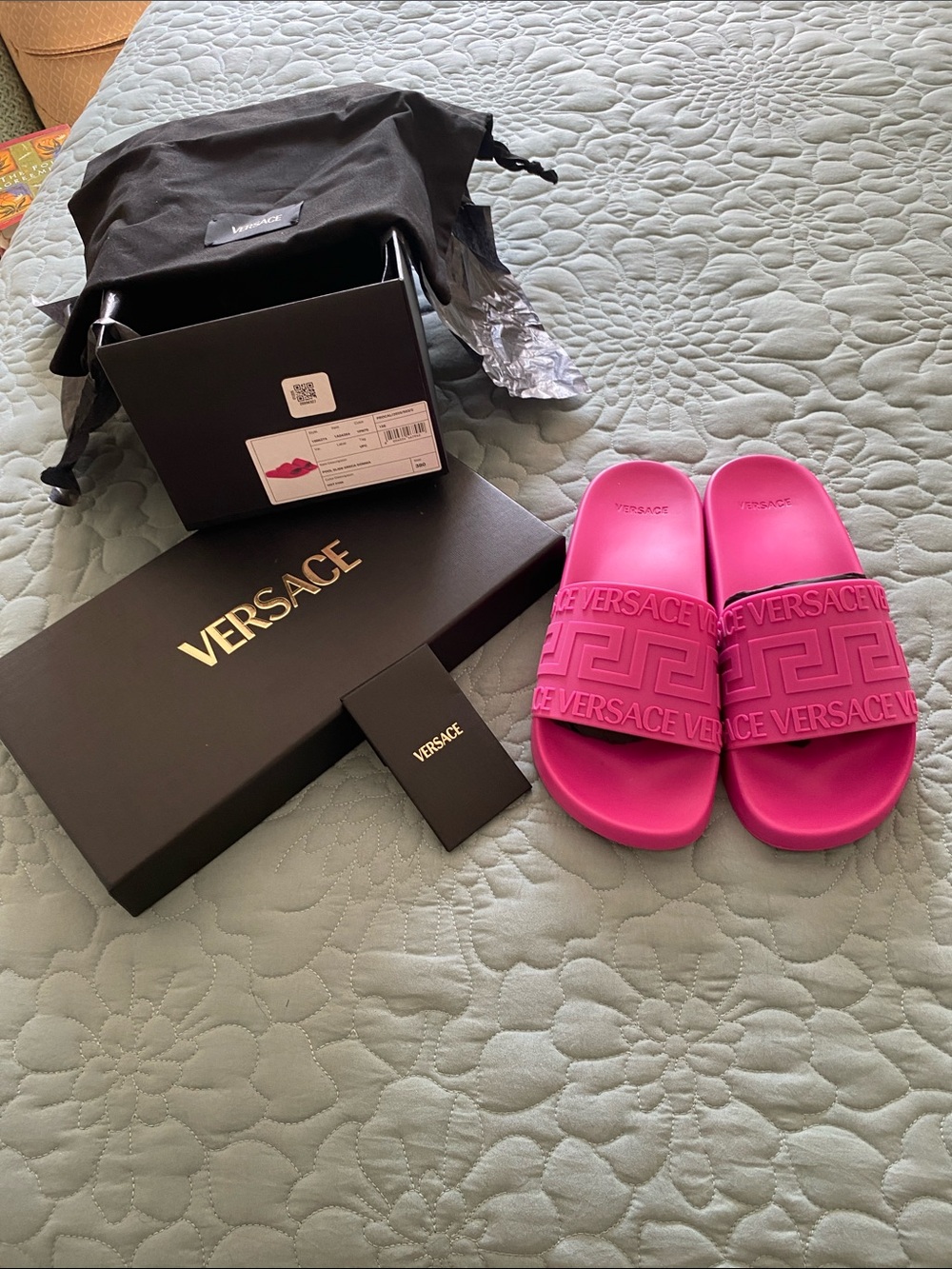 Versace Vibrant Pink Embossed Logo Slide Sandals